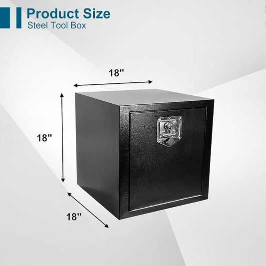 18"X18"X18" Underbody Steel Utility Truck Tool Box Chest With Lock and Keys，Heavy Duty Trailer Toolbox for Pick Up Truck RV Trailer, Black Storage Organizer Box