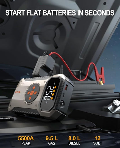 Portable Jump Starter with Air Compressor 5500A, 12V Car Charger Jump Starter Power Pack,150 PSI Tire Inflator and Jumper Box for 9.5L Gas/8.0L Diesel