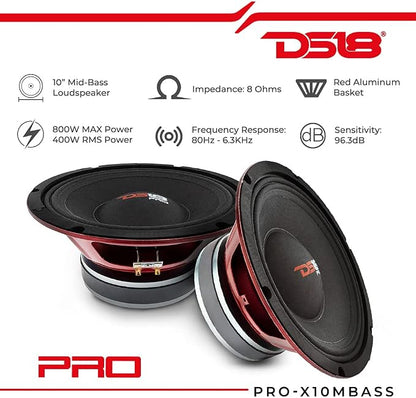 DS18 PRO-X10MBASS Loudspeaker - 10", Midbass, Red Steel Basket, 800W Max, 400W RMS, 8 Ohms - Premium Quality Audio Door Speakers for Car or Truck Stereo Sound System (1 Speaker),Classic
