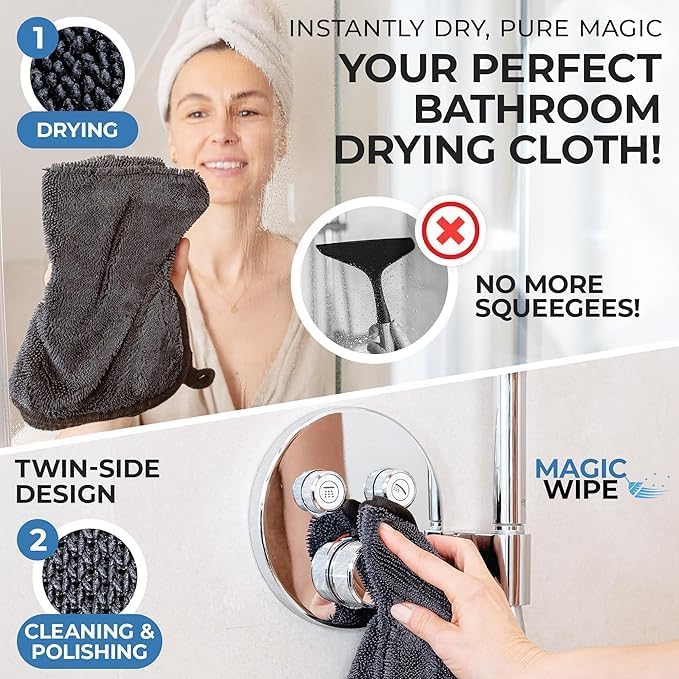 Magicwipe® Bathroom Drying Cloth – Removes Limescale & Hard Water Stains in Seconds with Just Water – Streak-Free for Shower Glass & Tiles – Reusable Microfibre Cloth (1, Black 30x40cm)