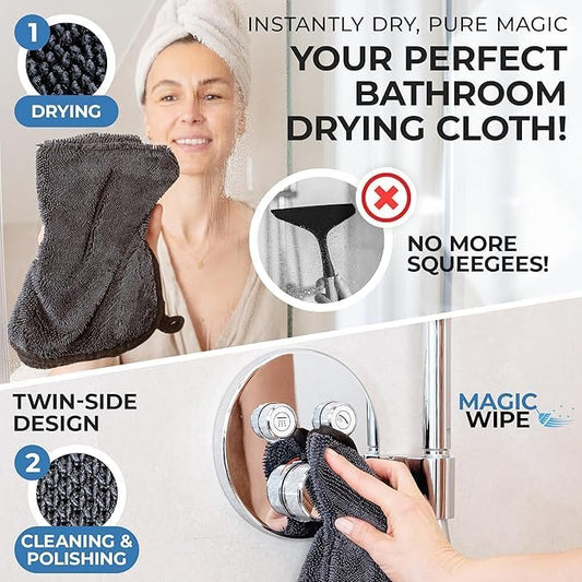 Magicwipe® Bathroom Drying Cloth – Removes Limescale & Hard Water Stains in Seconds with Just Water – Streak-Free for Shower Glass & Tiles – Reusable Microfibre Cloth (1, Black 30x40cm)