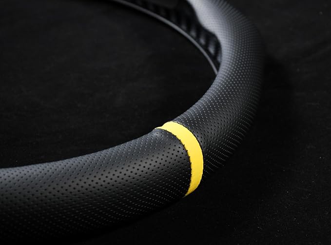 Quick Install Sporty Perforated Nappa Leather Steering Wheel Cover with Yellow Stripe Universal fit 14½" to 15" Car SUV Pickup 14.5 to 15 inches Napa