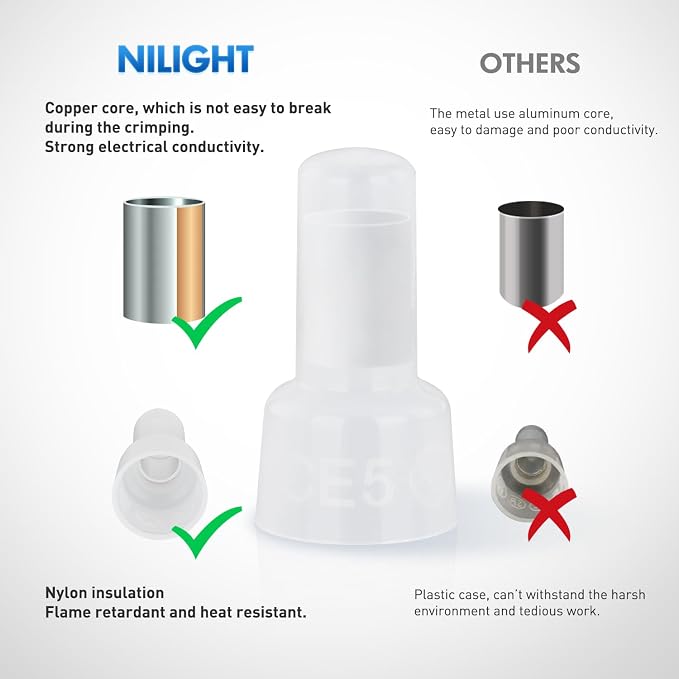Nilight 300PCS CE5 Closed End Crimp Terminal 12-10 Gauge Nylon Insulated Closed End Wire Cap Wire Connectors Crimp Cap Terminals Connectors for Automotive Car Truck Boats Marine Electrical Wiring
