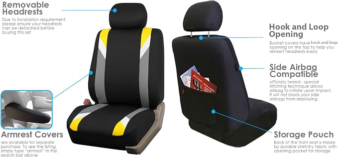 FH Group Front Set Cloth Car Seat Covers for Low Back Car Seats with Removable Headrest, Universal Fit, Airbag Compatible Car Seat Cover for SUV, Sedan, Van, Yellow