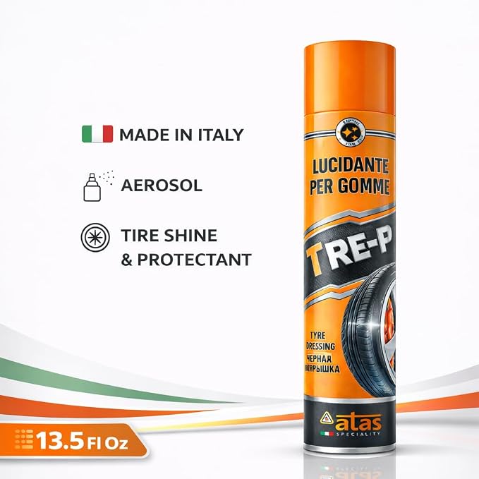 ATAS Italian Tire Shine Spray – Long-Lasting Shine, Deep Black Gloss, Professional Tire Dressing, 13.5 fl oz,3-in-1 Revive, Protect & Polish Cleaner