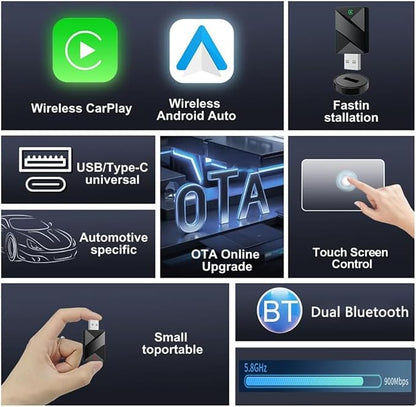 Car Wireless CarPlay Adapter for Jeep Grand Cherokee 2018-2023 2024 2025, 2-in-1 Wireless Car Play Adapter, Fast Auto Connect Low Latency