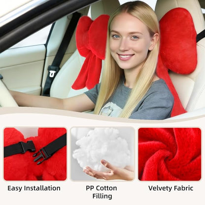 Sexysamba 2 Pcs Plush Bow Car Headrest Neck Pillow Cute Bow Pillow for Car Seat Décor Soft Neck Support for Comfortable Driving Traveling Office Fluffy Head Rest Cushion, Red