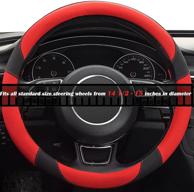 Red Steering Wheel Cover with Microfiber Leather for Car Truck SUV, Anti-Slip Steering Wheel Cover 15 inchs