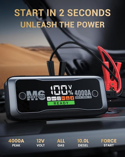 MOSTOOL M6 4000A Jump Starter with Smart HD Display, 12V Portable Jump Box & Car Battery Booster Pack with Quick Charge DC/Type C Port, Jumper Clamps LED Light - for All Gas & Up to 10.0L Diesel