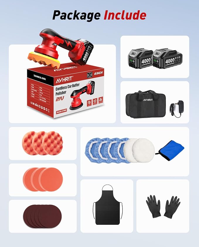 6 Inch Cordless Car Buffer Polisher Kit: Equipped with 2×4000mAh Batteries, Digital Display & 8 Speed Control, Comes with Extra Attachments for Car/Boat Detailing, Scratch Removal and Waxing