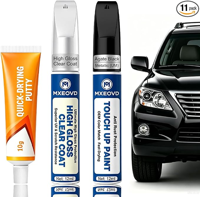 Agate Black Metallic UM Touch Up Paint Compatible with Ford, All in One Car Scratch Repair Kit with Primer Putty & Clear Coat, Complete Sanding Tools Set for Scratches Chips Nicks