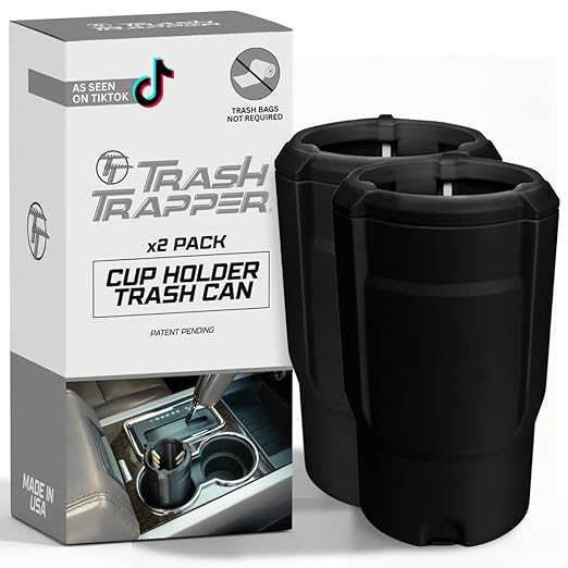 Trash Trapper Car Trash Can Cup Holder | Mini Car Trash Can | Fits in Most Doors | 5.1" x 2.9" | Traps More & Empties Less, Patent-Pending Compaction, Holds Weeks of Small Garbage, Black/Grey, 2-Pack
