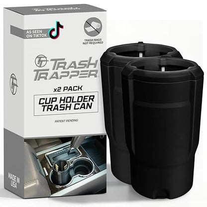 Trash Trapper Car Trash Can Cup Holder | Mini Car Trash Can | Fits in Most Doors | 5.1" x 2.9" | Traps More & Empties Less, Patent-Pending Compaction, Holds Weeks of Small Garbage, Black/Grey, 2-Pack