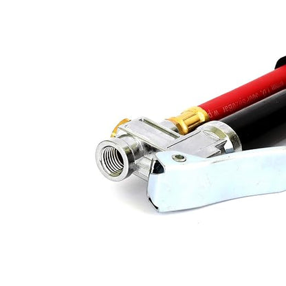 Tire Inflator with Tire Pressure Gauge, Dual-Head Air Chuck with 12 Inch Rubber Air Hose