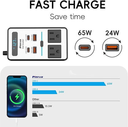 200W Car Power Inverter DC 12V to 110V AC,Cigarette Lighter Adapter Plug with [65W USB-C]/USB-Fast Charger 24W/Multiple USB/Laptop car Charger with Voltage Display