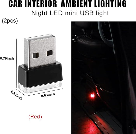 2 PCS USB LED Car Interior Atmosphere Lamp, Portable Mini LED Night Light, Plug-in USB Interface Trunk Ambient Lighting Kit, Universal Interior Car Accessories (Red)
