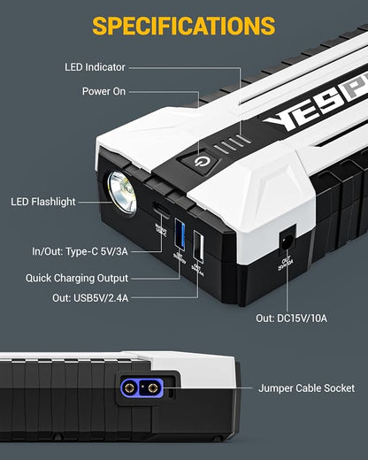 YESPER 4120A Jump Starter, 12V Car Battery Jumper Starter Portable (All Gas, up to 10.0L Diesel Engine), 26800mAh Battery Start Booster Pack, Jump Box with Carry Case, Jumper Cables, LED Light