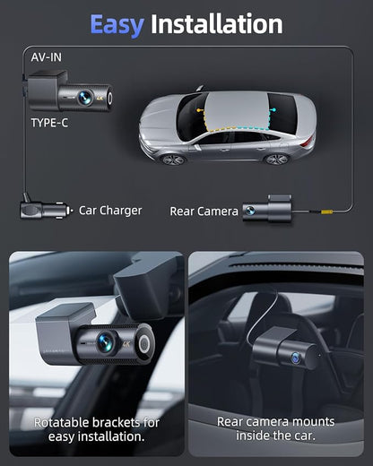 4K Dash Cam Front and Rear, 64GB SD Card, 1.5” IPS Display Car Camera, 5Ghz WiFi+App Control, Night Vision, 24H Parking Mode, G-Sensor, WDR, 170° Wide Angle, 4K+1080P Dual Dash Camera for Cars