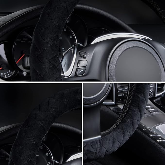 Flying Banner car Steering Wheel Cover Soft Velvet Warm Universal Size 15 inches SUV Truck Anti Slip Odorless Summer Winter (Black, Velvet Massage)