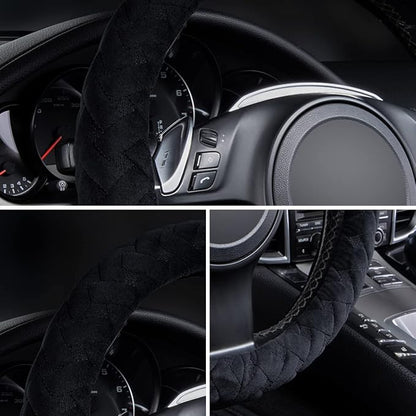 Flying Banner car Steering Wheel Cover Soft Velvet Warm Universal Size 15 inches SUV Truck Anti Slip Odorless Summer Winter (Black, Velvet Massage)