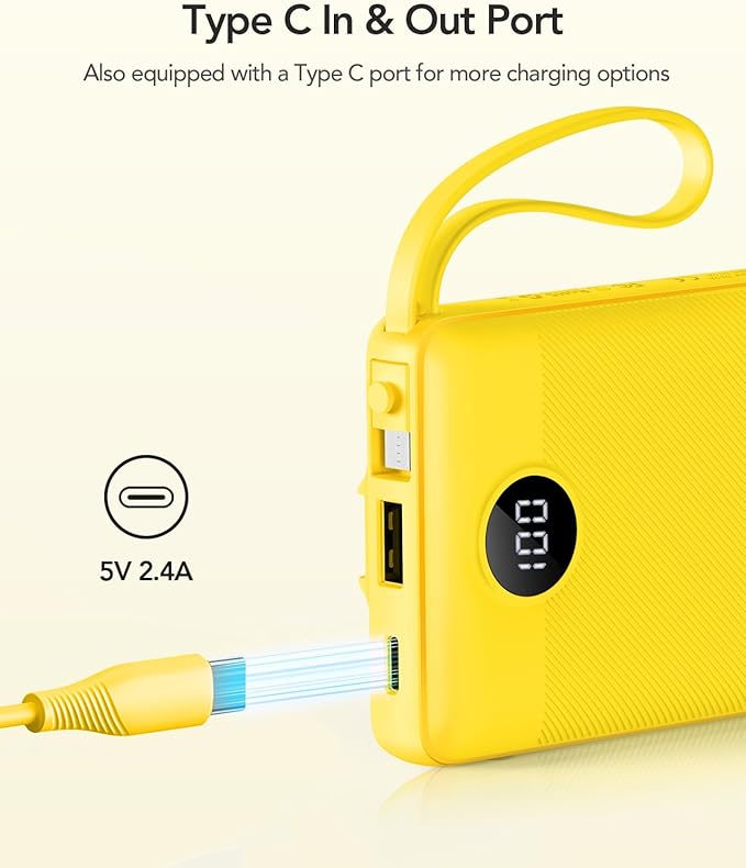 VRURC Portable Charger, Built-in 4 Cables Portable Phone Charger 10000mAh | Lightweight Power Bank with 5 Output 2 Input Compatible with Smart Phones,Samsung,Android etc-Yellow(1 Pack)