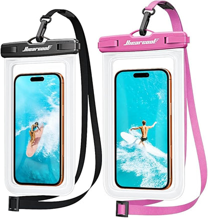 Hiearcool Waterproof Phone Pouch 2 Pack, IPX8 Dry Bag with Lanyard, Touch Screen Compatible for iPhone 17/16/15/14/13 Pro Max, Beach Swimming Cruise Travel-Clear & Pink Purple