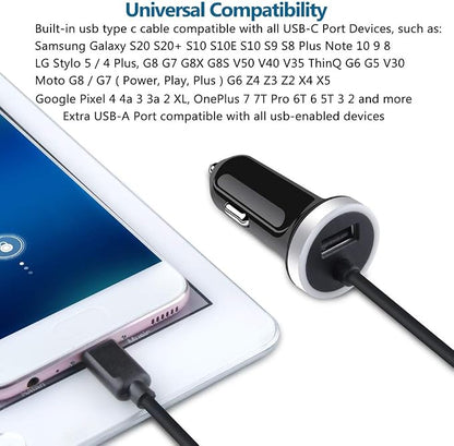 USB C Car Charger, 3.4A Fast Charging Car Adapter+3ft Type C Cable for Samsung Galaxy S26 S25 S24 S23 S22 S21 S20 S10 Note 20 A10E A20 A50 A51 A71,LG Stylo 6/5 G7 V60 ThinQ Moto G8 Google Pixel 4 3a