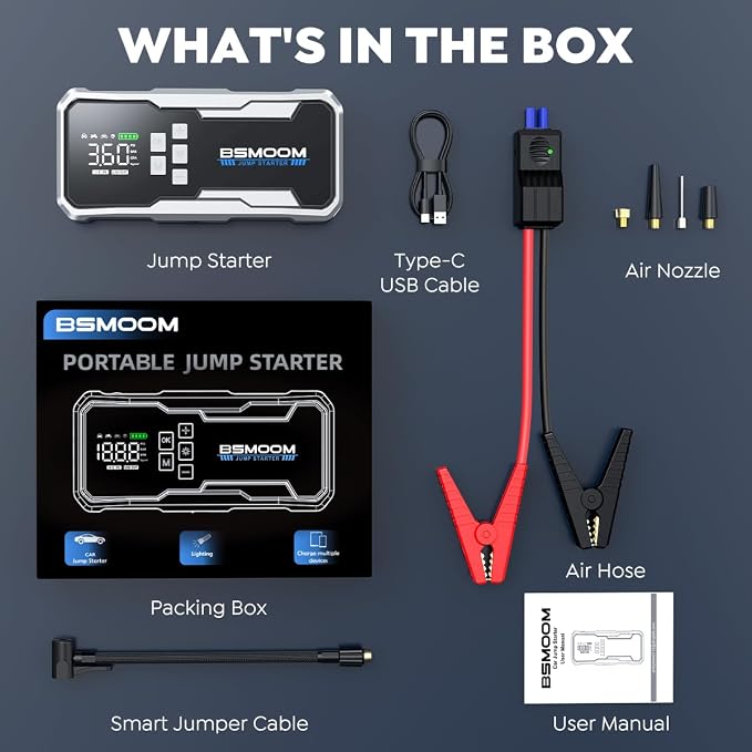 8000A Jump Starter with Air Compressor,26800mAh 160PSI Portable Jump Starter Battery Pack (All Gas/12L Diesel) Car Battery Jumper Starter Portable Jumper Cables with 3.4" LCD Display, Lights