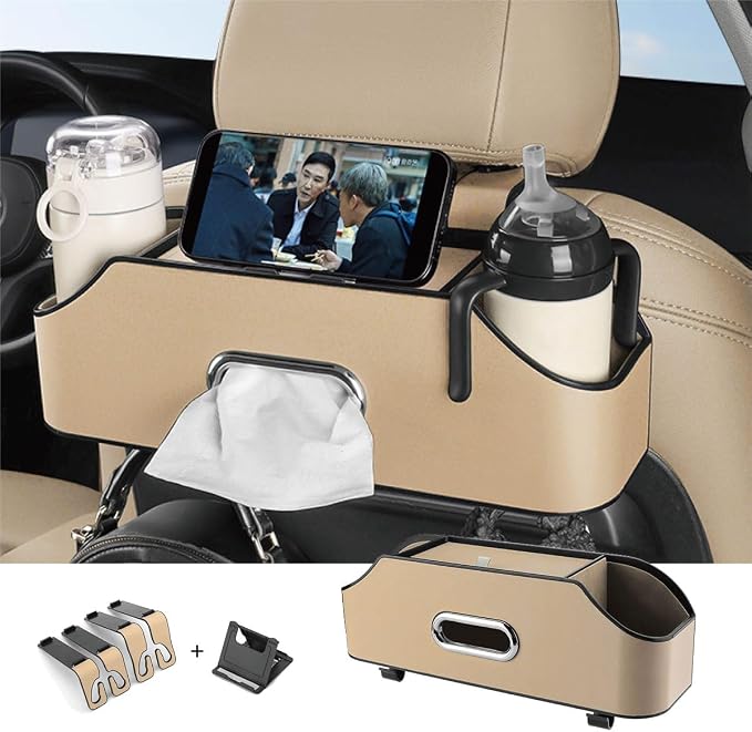 Backseat Car Organizer with 2 Drink Cup Holder - Tissue Holder - Car Seat Hooks for Headrest - Multi-functional Storage for Travel - Perfect for Kids, Adults(Beige)