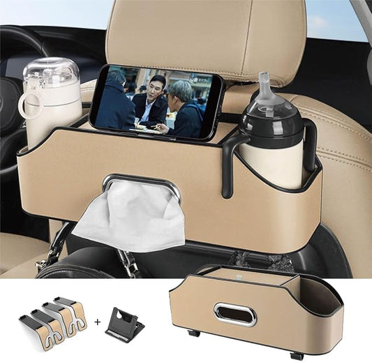 Backseat Car Organizer with 2 Drink Cup Holder - Tissue Holder - Car Seat Hooks for Headrest - Multi-functional Storage for Travel - Perfect for Kids, Adults(Beige)