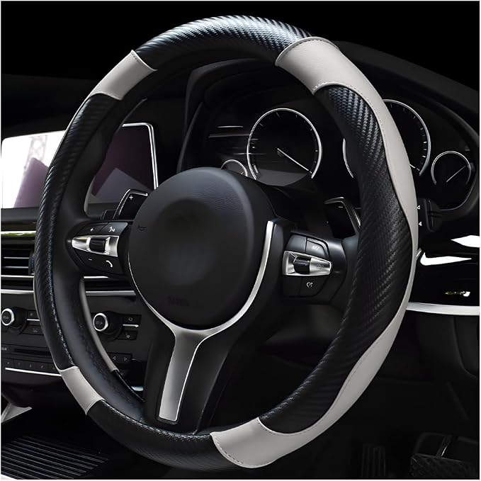 DXNQ Car Steering Wheel Cover, 15 Inch Carbon Fiber Leather Stitching Color Steering Wheel Protector, Anti-Slip Elastic Breathable Steering Wheel Cover Stylish Decor for Most Cars (Black & White)