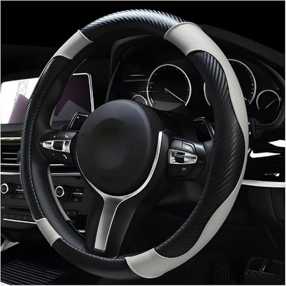 DXNQ Car Steering Wheel Cover, 15 Inch Carbon Fiber Leather Stitching Color Steering Wheel Protector, Anti-Slip Elastic Breathable Steering Wheel Cover Stylish Decor for Most Cars (Black & White)
