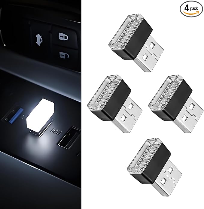 4 PCS USB LED Car Interior Ambient Lighting Kit, Portable Plug-in Atmosphere Lamp Decor Night Light, Universal Vehicle Interior Accessories for Most Cars (White)