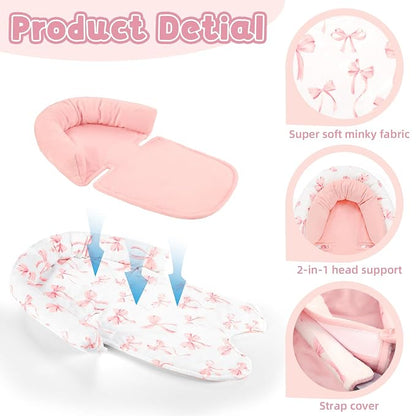Infant Car Seat Insert with 2 Strap Pads, Carseat Cushion Baby Boy & Girl, Soft and Comfortable Carseat Head Support for Newborn, Pink Bow