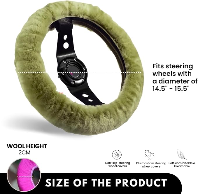 Andalus Brands Luxury Fluffy Car Steering Wheel Covers – Genuine Merino Sheepskin, Soft Fuzzy Car Steering Wheel Cover for Women, Universal 14.5-15" Size, Plush Fur Cute Auto Accessories, Green