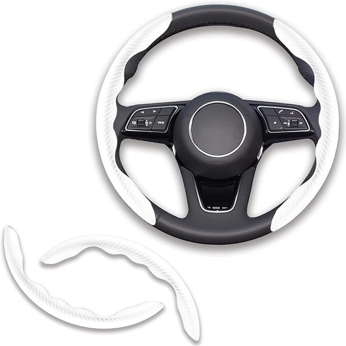 2pcs Universal Fit Carbon Fiber Steering Wheel Cover, Anti-Skid Steering Wheel Cover/Segmented Steering Wheel Protector/Car Interior Accessories (White)