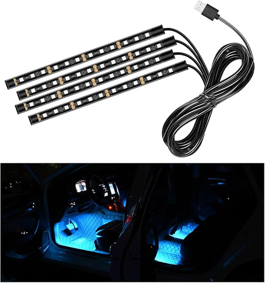 Car LED Strip Light, 48 LEDs RGB Neon Interior Atmosphere Lights, 12V Under Dash Ambient Night Light, USB Port Auto Interior Decorative Lamp, Universal Car Accessories (Ice Blue)