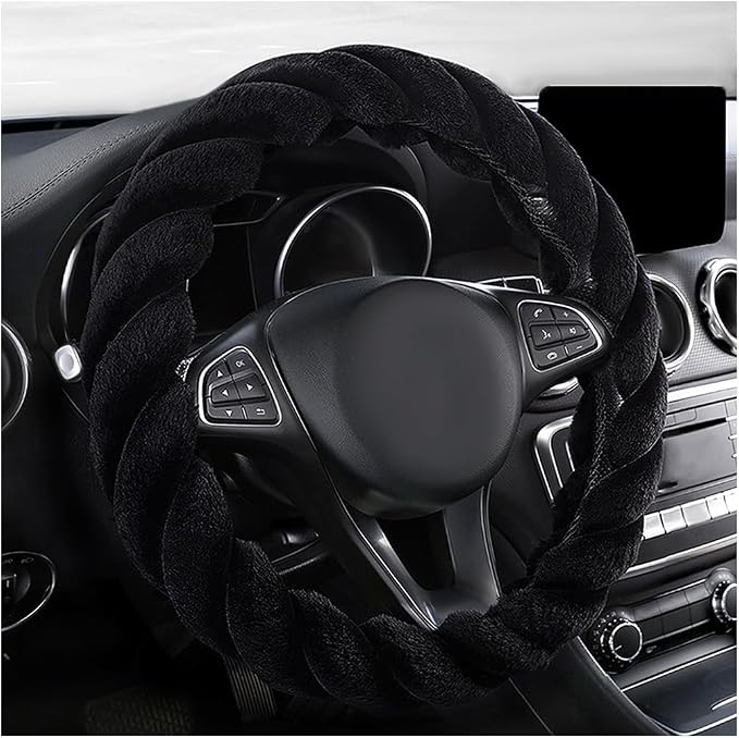 KVAEY Fluffy Car Steering Wheel Cover, 15 Inches Anti-Slip Round Fuzzy Winter Steering Wheel Protector, Soft Warm Plush Steering Wheel Cover for Women Girls, Car Accessories (Black, Round)