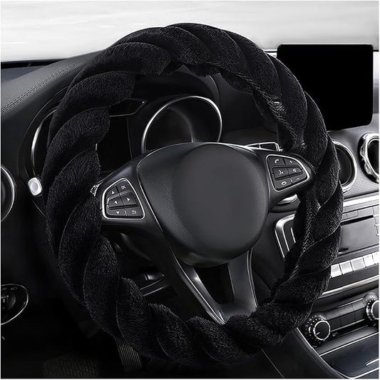 KVAEY Fluffy Car Steering Wheel Cover, 15 Inches Anti-Slip Round Fuzzy Winter Steering Wheel Protector, Soft Warm Plush Steering Wheel Cover for Women Girls, Car Accessories (Black, Round)