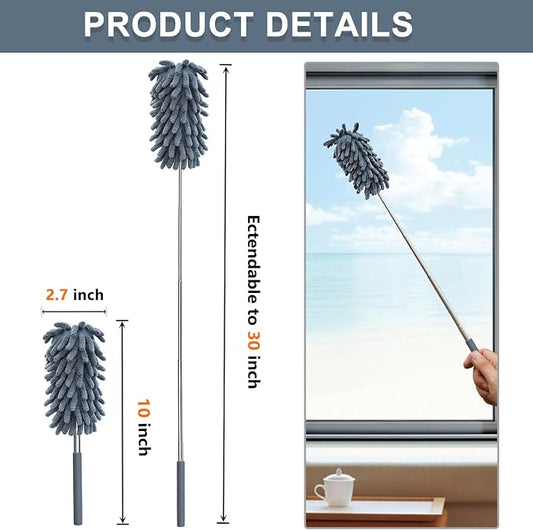 2 Pack Microfiber Duster for Cleaning, Washable Dusters, Extendable Pole, Up to 30 Inch Reachable, Wet and Dry Use Cleaning Tools for Car, Ceiling Fan, Window, Furniture, Office