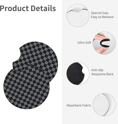 Checkered Gray Steering Wheel Cover Universal 15 Inch + 2 Car Coasters | Elastic Anti-Slip Breathable Fit for Car Truck SUV for Women Men