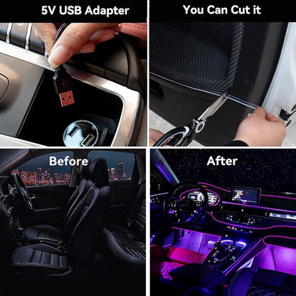 El Wire Purple Neon Lights 16FT/5M Car Interior Led Strip Light USB 5V for Car Garden Party Decoration