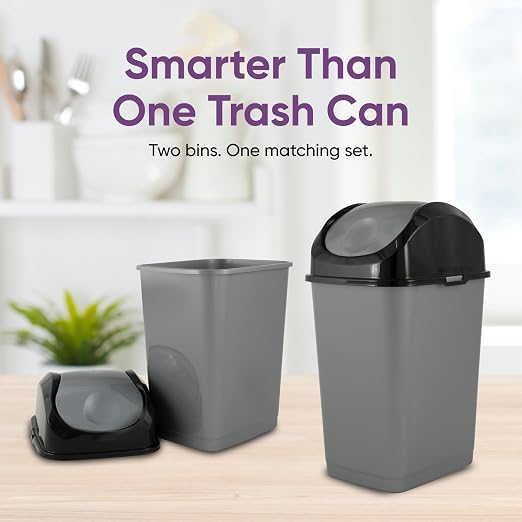 Superio Mini 1.25 Gallon and Small 2.5 Gallon Plastic Trash Cans with Swing Top Lid, Grey Waste Bin for Countertop, Desk, Vanity, Bathroom, 2 Pack (Grey/Black)