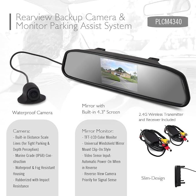 Pyle Wireless Backup Car Camera - Rearview Mirror Monitor System - Parking & Reverse Safety Distance Scale Lines, Night Vision & Waterproof Cam, 4.3" LCD Display - PLCM4370WIR