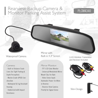 Pyle Wireless Backup Car Camera - Rearview Mirror Monitor System - Parking & Reverse Safety Distance Scale Lines, Night Vision & Waterproof Cam, 4.3" LCD Display - PLCM4370WIR