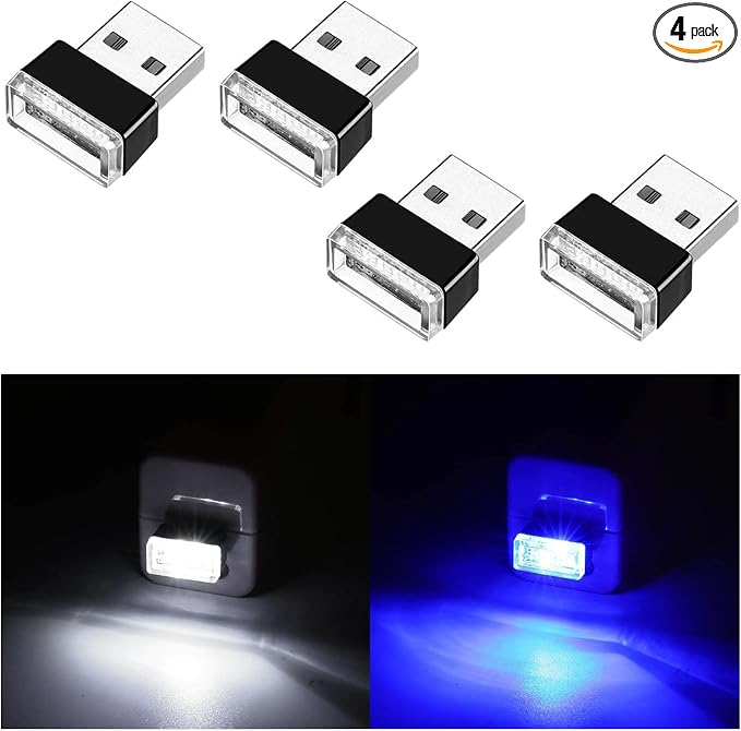 Ziciner 4 PCS USB LED Car Interior Atmosphere Lamp, Portable Mini LED Night Light, Plug-in USB Interface Trunk Ambient Lighting Kit, Universal Car Interior Accessories (White, Blue)