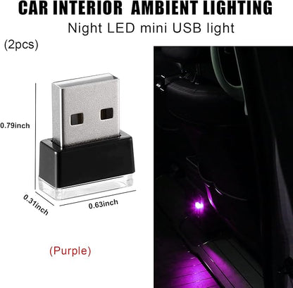 2 PCS USB LED Car Interior Atmosphere Lamp, Portable Mini LED Night Light, Plug-in USB Interface Trunk Ambient Lighting Kit, Universal Interior Car Accessories (Purple)