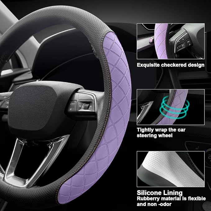 LKWLIKEI Nappa leather steering wheel cover,elegant diamond checkered design, non-slip wear-resistant, enhance driving comfort, suitable for steering wheel diameter 14 1/2‘-15’ models.Black and purple