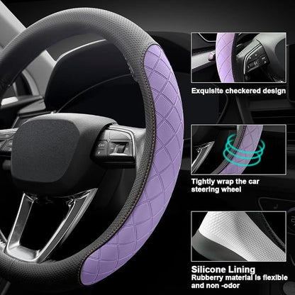 LKWLIKEI Nappa leather steering wheel cover,elegant diamond checkered design, non-slip wear-resistant, enhance driving comfort, suitable for steering wheel diameter 14 1/2‘-15’ models.Black and purple