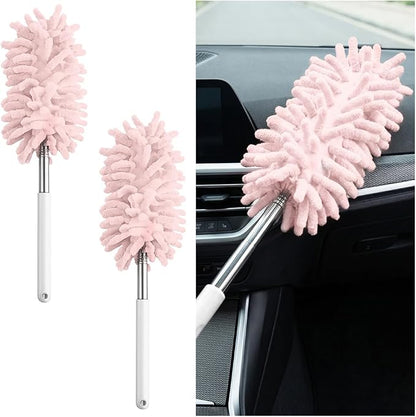 2PCS Car Interior Duster with Extension Pole, 9.45" to 28.35" Microfiber Soft Vehicle Dash Dusting Detailing Wash Brushes, Automotive Dash Cleaning Tool, Universal for SUV RV Truck (Pink)